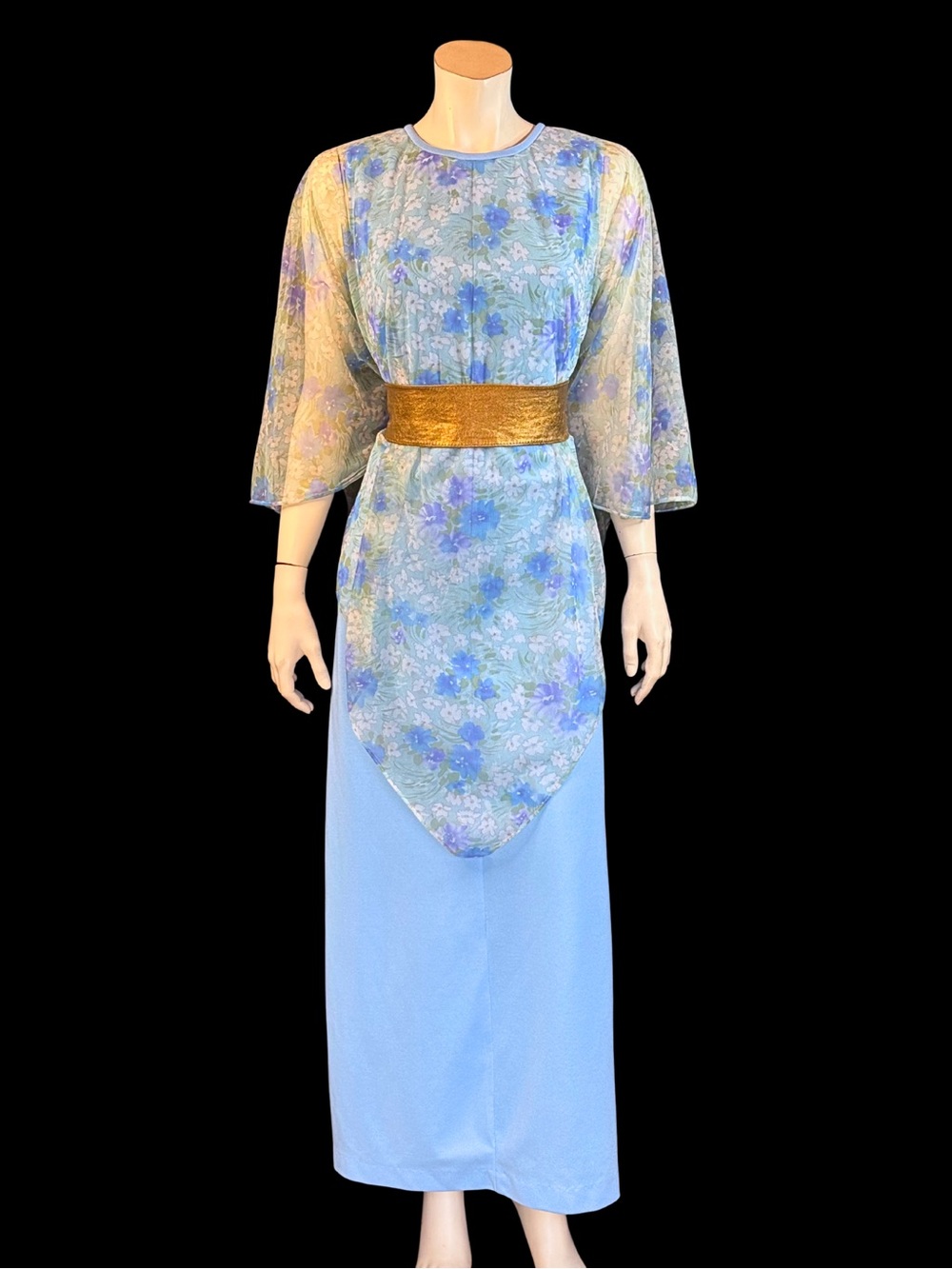 Vintage 70s Powder Blue Floral Maxi Cape Dress | M L